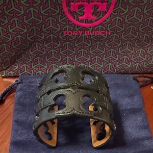 Tory Burch Black Cut-Out Leather Cuff